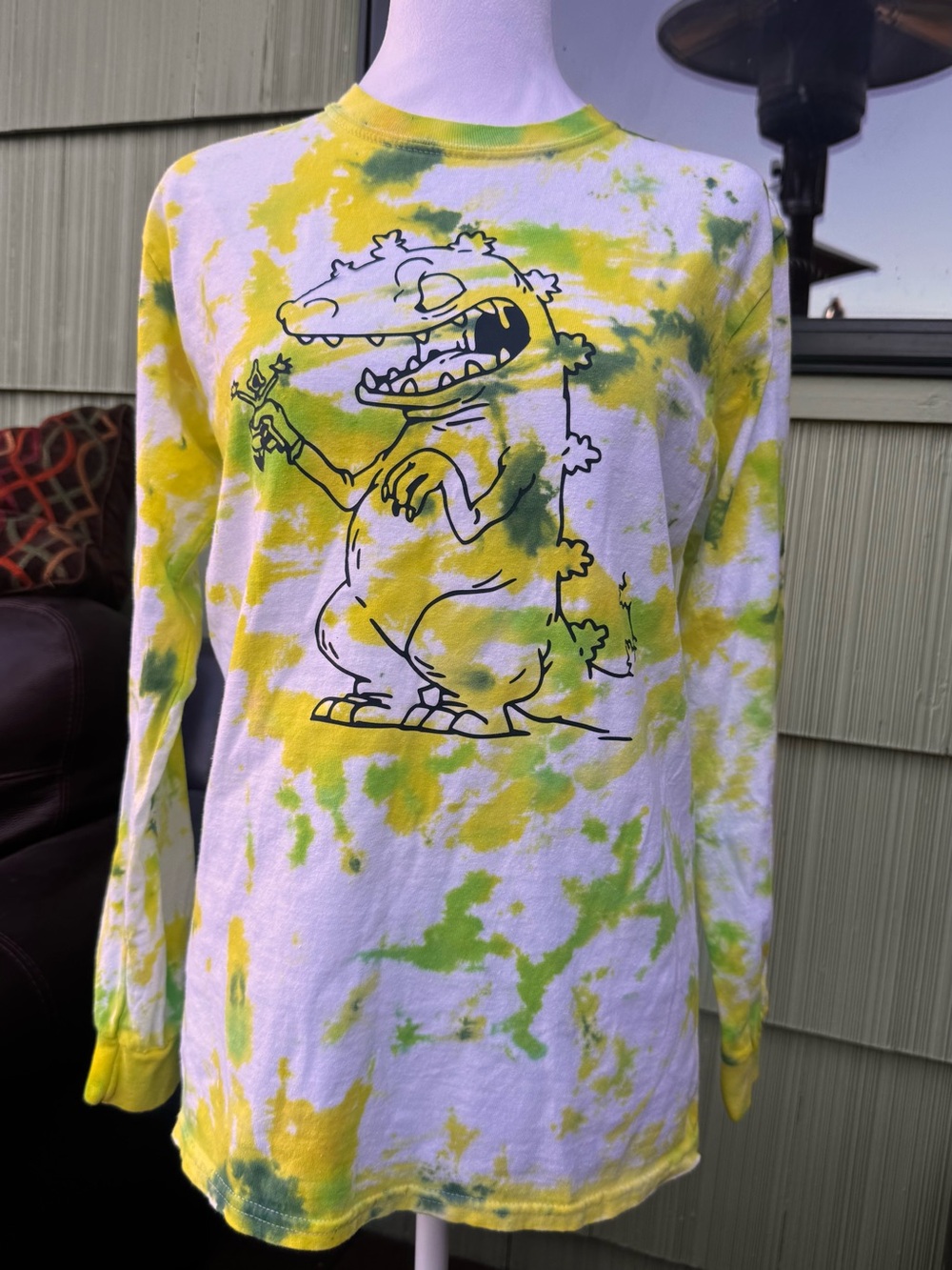 Gildan White Yellow Green Tie-Dye Long Sleeve Tee with Cartoon Crocodile